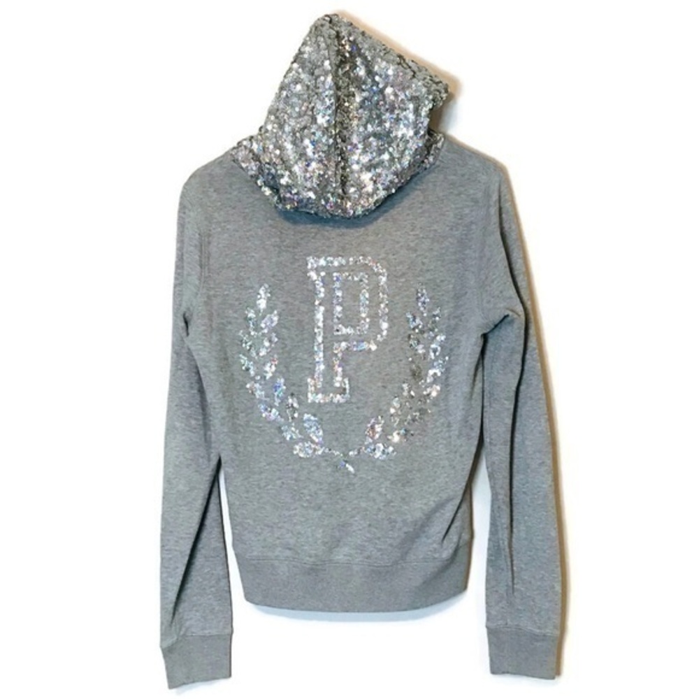 VS PINK Silver Sequin Bling Full Zip Hoodie Sweatshirt Jacket Womens size Medium